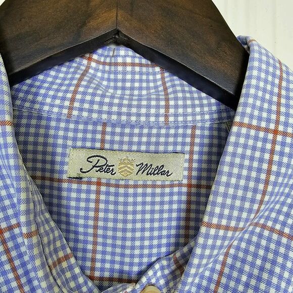 𝅺Peter Millar Button Down in Blue, Orange & White Plaid Size XL - Picture 3 of 8